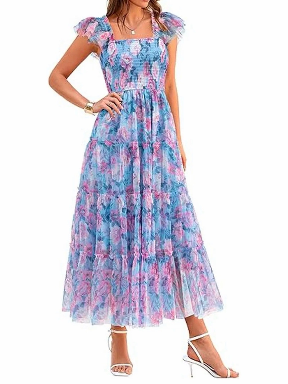 Blue and Pink Floral Maxi Dress with Square Neck and Puff Sleeves